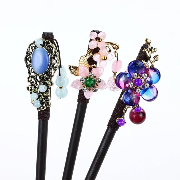 8pcs Wooden Hair Sticks Floral Bead Pendants Traditional Japanese Hair Accessori main image 4
